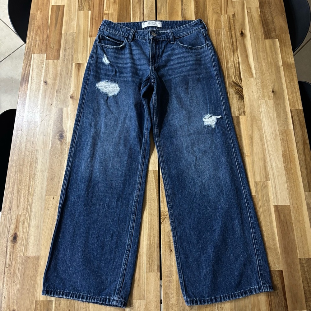 Hollister Dark Blue Wide Leg Distressed Jeans